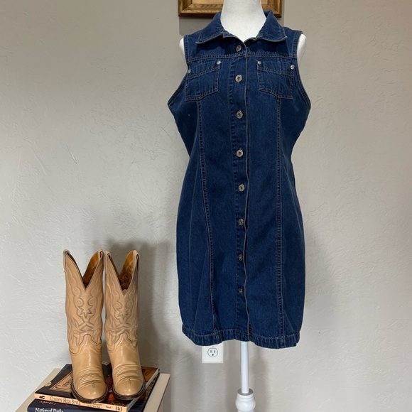 Vintage Denim Button Front  J.L. Sport NY Sleeveless Dress 100% Cotton  Size 8 - Picture 2 of 14